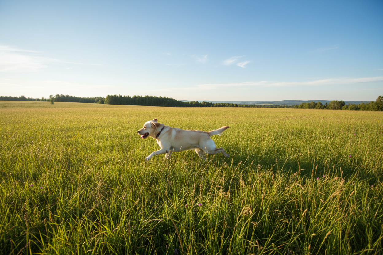un labrador che corre su un prato in una giornata soleggiata ripreso di profilo da lontano